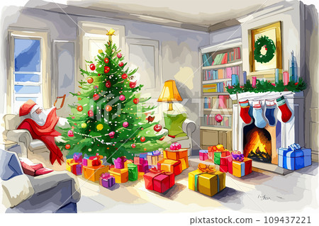 AI-generated content. Christmas tree with toys and gifts decorate interior. Empty stucco wall mock AI-generated content. Christmas tree with toys and gifts decorate interior. Empty stucco wall mock 109437221