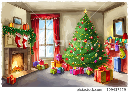 AI-generated content. Watercolor Christmas tree with toys and gifts on background fireplace 109437259