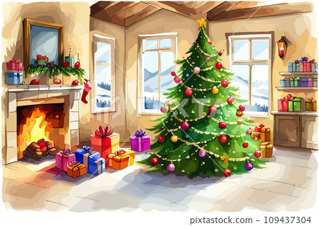 AI-generated content. Watercolor Christmas tree with toys and gifts on background fireplace 109437304