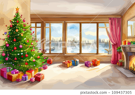 AI-generated content. Watercolor Christmas tree with toys and gifts on background fireplace AI-generated content. Watercolor Christmas tree with toys and gifts on background fireplace 109437305