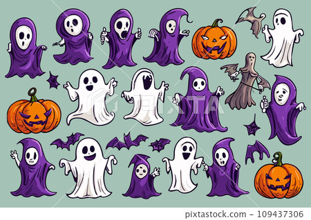 Halloween set funny ghosts with pumpkins on color background, vector 109437306