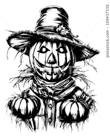 Doodle scarecrow scarecrow from pumpkin on white background, sketch vector 109437338