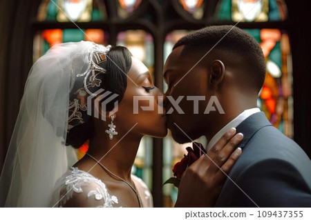 一對黑人夫婦在彩色玻璃前親吻誓言 一對黑人夫婦在彩色玻璃前親吻誓言 109437355