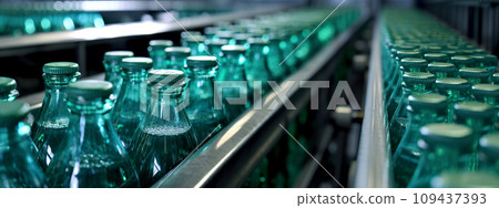 A lot of bottles on the conveyor. Drinks in glass containers. Water bottling line. 109437393