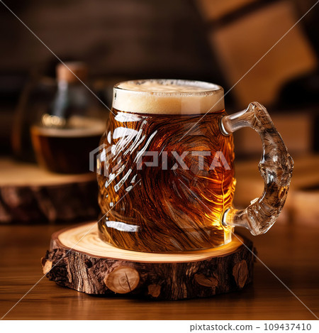 Beer. A pint of craft beer in a beer glass on a wooden stand against the backdrop of a pub. 109437410