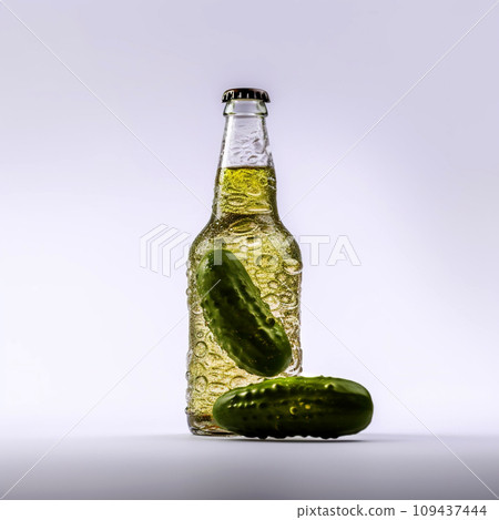 Beer from cucumber on a white background. Light drink in a glass bottle. 109437444