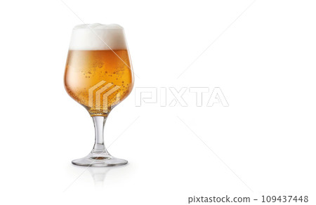 Amber beer in tulip glass. Gose beer in glass on white background with space for text. 109437448