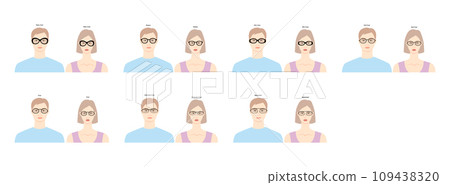 Set of Oval frame glasses on women and men flat character fashion accessory illustration. Sunglass front view unisex Set of Oval frame glasses on women and men flat character fashion accessory illustration. Sunglass front view unisex 109438320
