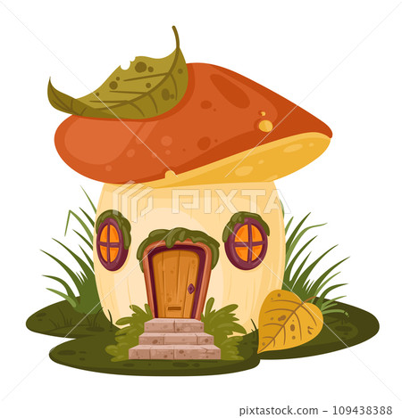 Fairy tale mushroom house. Cartoon mushroom tiny house, cute little fairy or gnome home flat vector illustration. Fantasy mushroom cottage 109438388