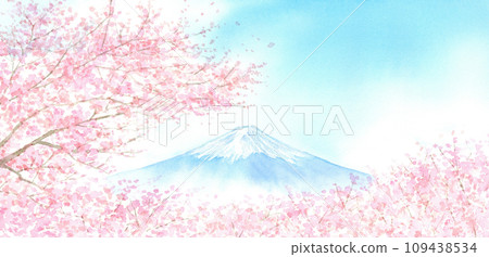 富士山與櫻花畫水彩風景 富士山與櫻花畫水彩風景 109438534