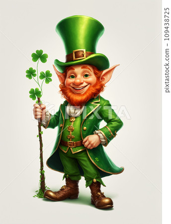 Cute little leprechaun with a four-leaf clover - Stock 