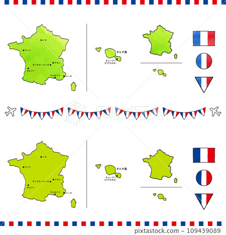 Hand-drawn illustration set of France map and flag watercolor Hand-drawn illustration set of France map and flag watercolor 109439089