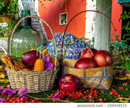 baskets with corn cobs and onions between dried leaves baskets with corn cobs and onions between dried leaves 109439515