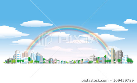 充滿彩虹的天空和城市景觀的插圖。 充滿彩虹的天空和城市景觀的插圖。 109439789