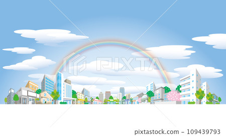 Illustration of a rainbow-filled sky and cityscape. 109439793