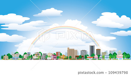 充滿彩虹的天空和城市景觀的插圖。 109439798
