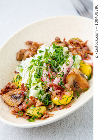 salad with potatoes, rice, meat and green onions side view 109439896