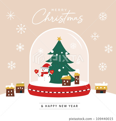 Merry Christmas Santa Claus Christmas tree glass snow globe background vector illustration. 109440015