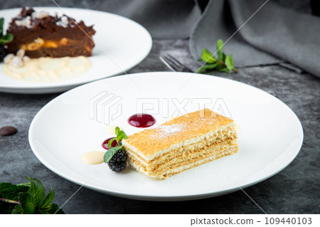 white sponge cake with drops of syrup, mint and wild berries on a round plate side veiw 109440103