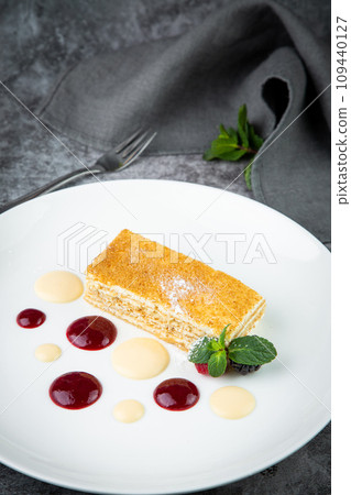 white sponge cake with drops of syrup, mint and wild berries on a round plate side veiw white sponge cake with drops of syrup, mint and wild berries on a round plate side veiw 109440127