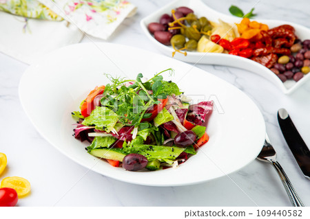 salad of greens, lettuce leaves, cucumbers, pink onions, side view 109440582