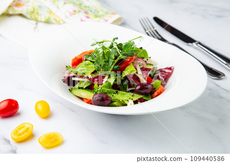 salad of greens, lettuce leaves, cucumbers, pink onions, side view salad of greens, lettuce leaves, cucumbers, pink onions, side view 109440586