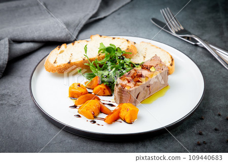 arugula with crusty bread and pate sauce, side view arugula with crusty bread and pate sauce, side view 109440683