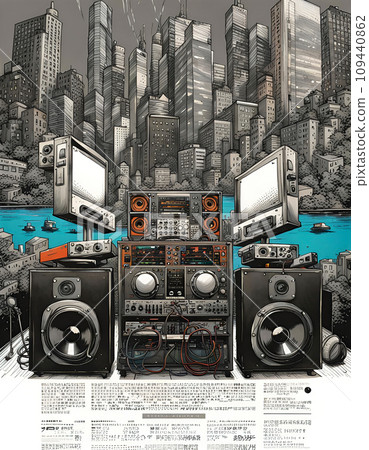 Disc jockey with music studio and dj setup with technical equipment in front of a big city skyline in illustrative style - ai generated 109440862