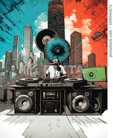 Disc jockey with music studio and dj setup with technical equipment in front of a big city skyline in illustrative style - ai generated 109440872