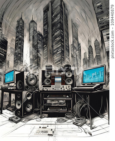 Disc jockey with music studio and dj setup with technical equipment in front of a big city skyline in illustrative style - ai generated 109440879
