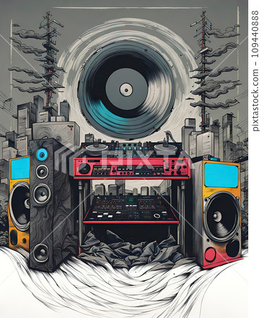 Disc jockey with music studio and dj setup with technical equipment in front of a big city skyline in illustrative style - ai generated 109440888