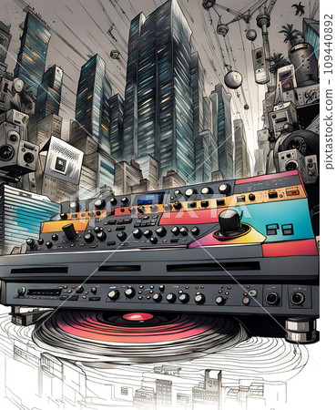 Music studio and dj setup with technical equipment in front of a big city skyline in illustrative style - ai generated 109440892