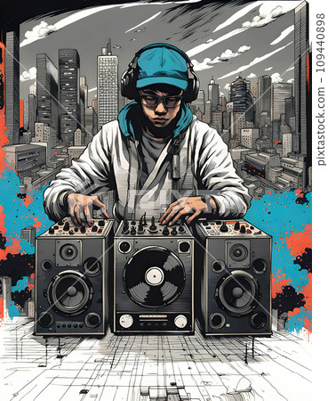 Disc jockey with music studio and dj setup with technical equipment in front of a big city skyline in illustrative style - ai generated 109440898