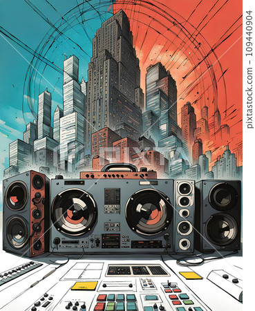 Disc jockey with music studio and dj setup with technical equipment in front of a big city skyline in illustrative style - ai generated 109440904