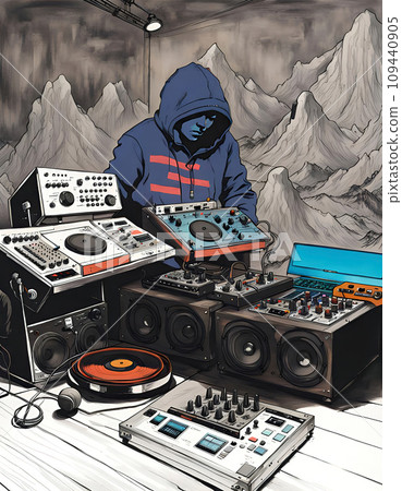Disc jockey with music studio and dj setup with technical equipment in front of a big city skyline in illustrative style - ai generated 109440905