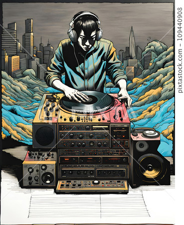 Disc jockey with music studio and dj setup with technical equipment in front of a big city skyline in illustrative style - ai generated 109440908