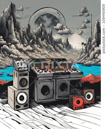 Music studio and dj setup with technical equipment in front of nature mountain landscape - ai generated 109440909