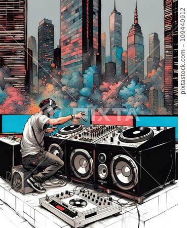 Disc jockey with music studio and dj setup with technical equipment in front of a big city skyline in illustrative style - ai generated 109440912