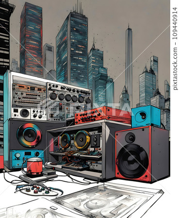 Music studio and dj setup with technical equipment in front of a big city skyline in illustrative style - ai generated 109440914