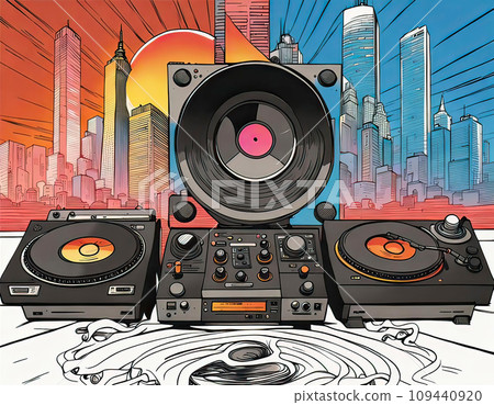 Music studio and dj setup with technical equipment in front of a big city skyline in illustrative style - ai generated 109440920