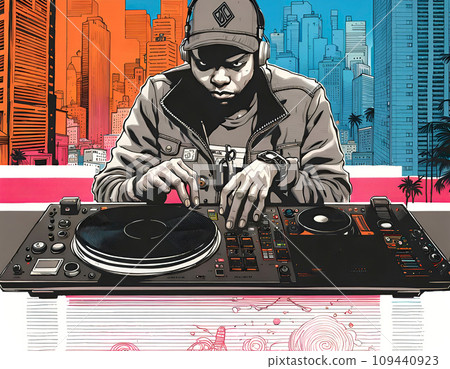 Disc jockey with music studio and dj setup with technical equipment in front of a big city skyline in illustrative style - ai generated 109440923