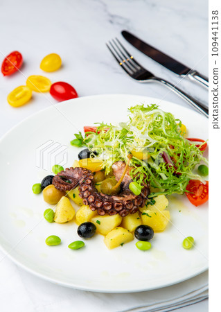 salad with olives, herbs, cherry tomatoes, potatoes and octopus tentacles side view 109441138