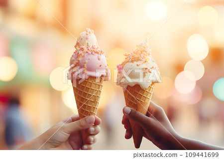 Two children hands holding ice cream cones. Generative AI. 109441699
