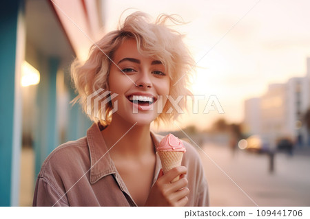 A happy young caucasian woman holding ice cream cone. Generative AI. 109441706