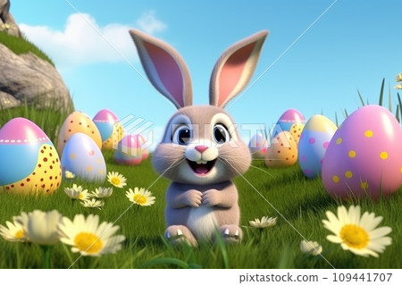 AI-generated content. Cute Easter Bunny with easter eggs. Holiday Background Generative ai AI-generated content. Cute Easter Bunny with easter eggs. Holiday Background Generative ai 109441707