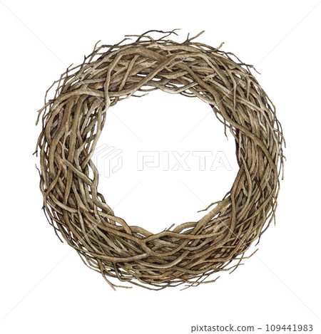 Vine rustic wreath decor. Watercolor painted illustration. Hand drawn branch twisted floral decoration. Vintage style boho wreath. Natural dry twig round frame element. Isolated on white background 109441983