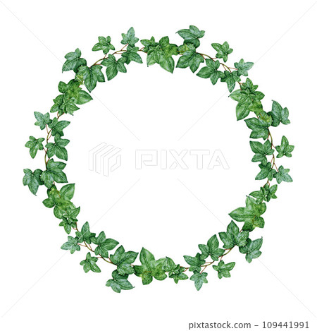 Ivy leaves round wreath watercolor illustration. Hand drawn hedera twig decorative wreath. Evergreen garden plant botanical ornament. Ivy lush round decor frame. Isolated on white background Ivy leaves round wreath watercolor illustration. Hand drawn hedera twig decorative wreath. Evergreen garden plant botanical ornament. Ivy lush round decor frame. Isolated on white background 109441991