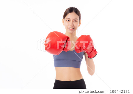 Portrait beautiful young asian woman in sportswear exercise with boxing sport isolated. Portrait beautiful young asian woman in sportswear exercise with boxing sport isolated. 109442121