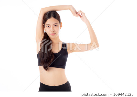 Portrait beautiful young asian woman stretching hands or arms for exercise yoga and relax isolated. Portrait beautiful young asian woman stretching hands or arms for exercise yoga and relax isolated. 109442123