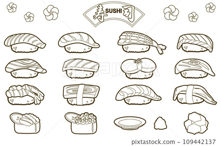 Sushi line drawing illustration set for coloring book Sushi line drawing illustration set for coloring book 109442137
